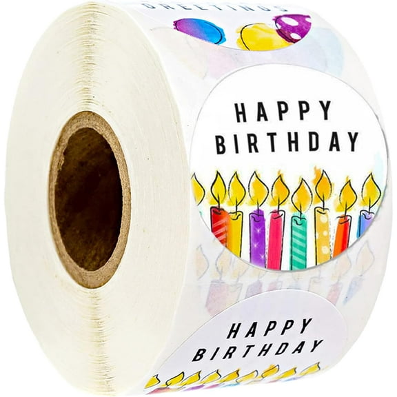 Happy Birthday Stickers, Round Happy Birthday Stickers,Waterproof Self Adhesive Stickers Happy Birthday with 500 pcs Round Label Rolls (1.5" Round - 500 Labels Per Roll) for Kids Party Decoration