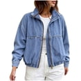 thumbnail image 2 of ClodeEU Women's Collared Zip Up Long Sleeve Cropped Denim Bomber Jacket,Casual Loose Daily Outerwear ,Women's Plus XXL, 2 of 8