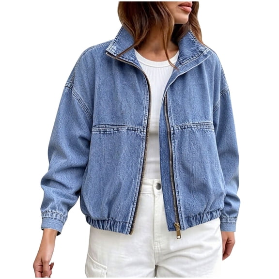 Uaswgudfs Women's Denim Bomber Jacket Stand Collar Zip Up Pocket Elastic Hem Casual Outerwear