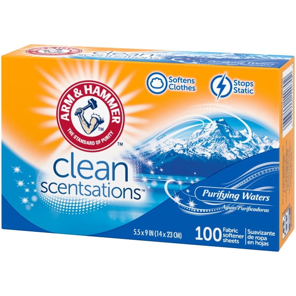 4 Pack of Arm & Hammer Fabric Softener Dryer Sheets, Purifying Waters Scent, 100 Count