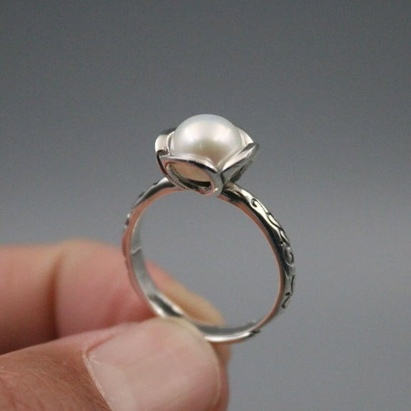 K-KED Pure S925 Sterling Silver Band Women Best Gift Lucky Carved Pattern Pearl Ring