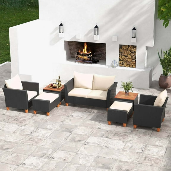 Costway 7 PCS Patio Furniture Set with Loveseat Armchairs Ottomans & Storage Table