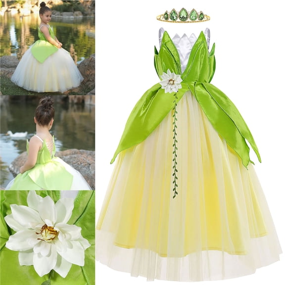 Enchanted Emerald Green Princess Dress for Girls Lily Cosplay Party Dress Up w/Crown 3-10T