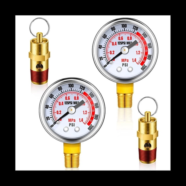 Juego de 4 VáLvulas de Seguridad de PresióN de Alivio de Compresor de Aire y ManóMetro de Aire, VáLvula de Tanque de Aire NPT de 1/4 Pulgadas, ManóMetro de Aire de 0-200 PSI