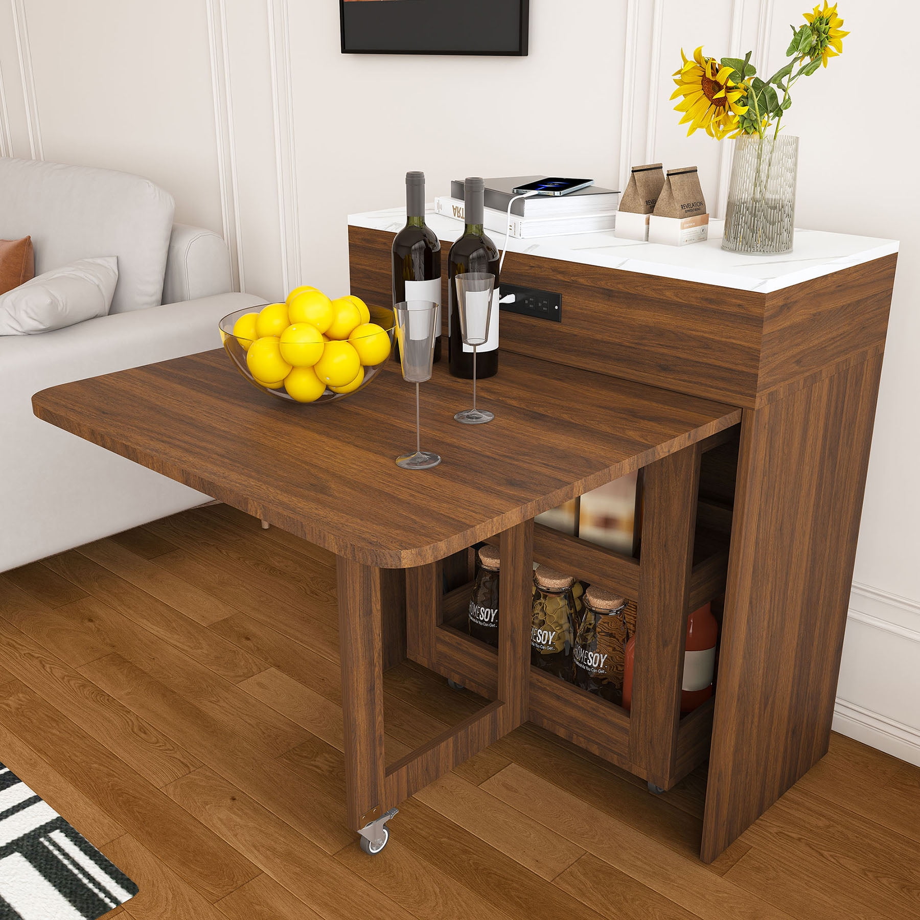 Extendable 74 Inch Dining Table With Power Socket Lockable Casters And Small Space Storage Pull-Out Tabletop Island