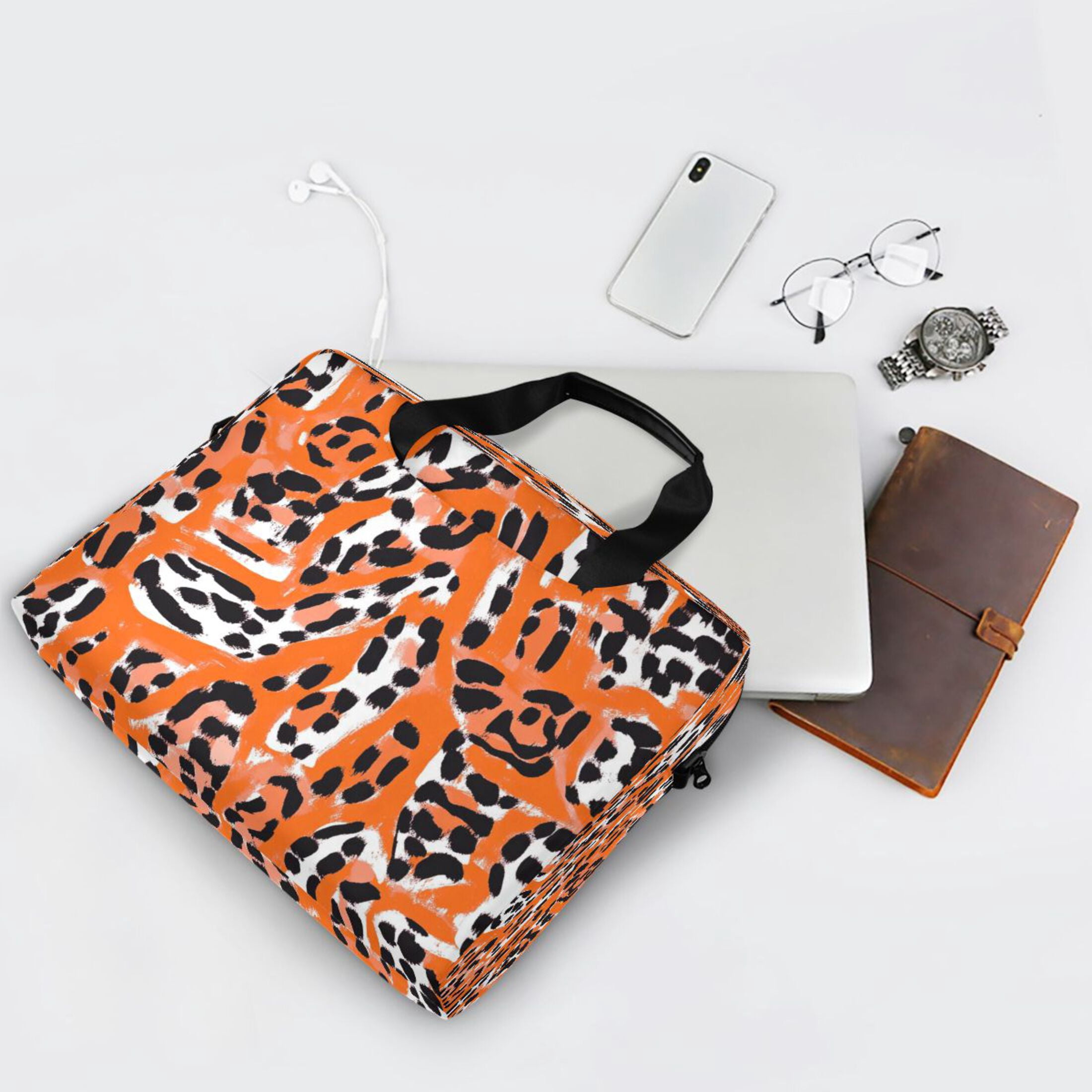 16" Laptop Tote Bag Laptop Sleeve Case Computer Briefcase for Work & Travel Orange Leopard Print