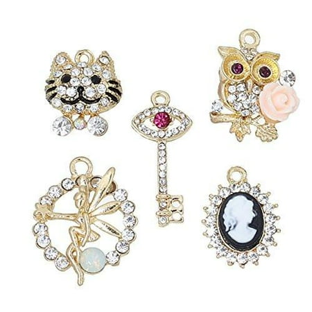 Rembrandt Cat Charm - 5 Mixed Charm Pendants Cat, Fairy, Key, Owl and Face for Bracelet or Necklace