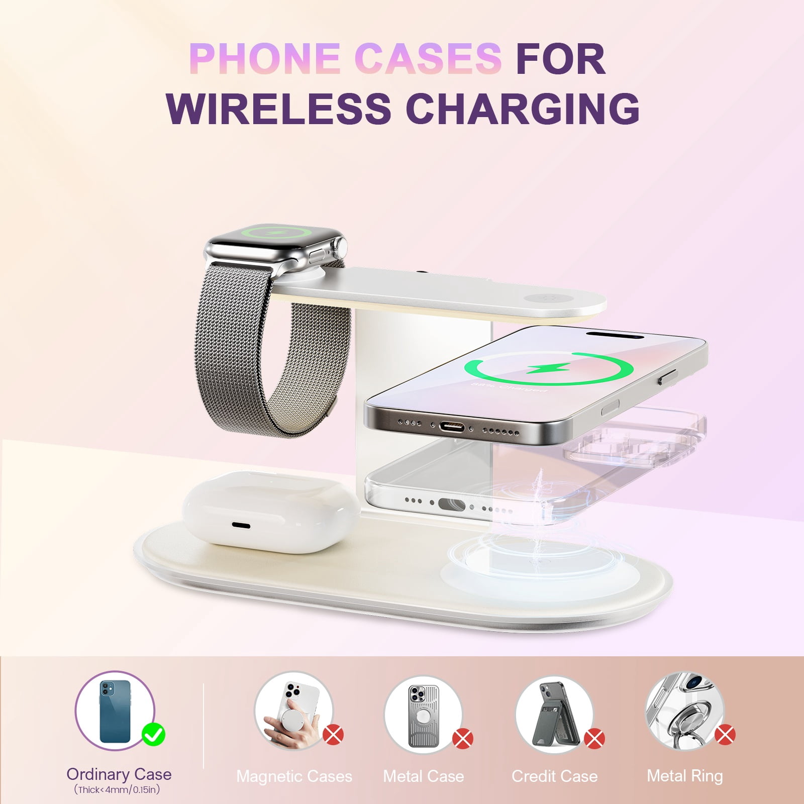 4 in 1 Charging Station,MagSafe Wireless Charger with Three Level Soft Night Light 15W Wireles Charging for iPhone 12 and above series,for iWatch Series,for AirPods,USB-C Charger Included,Silver