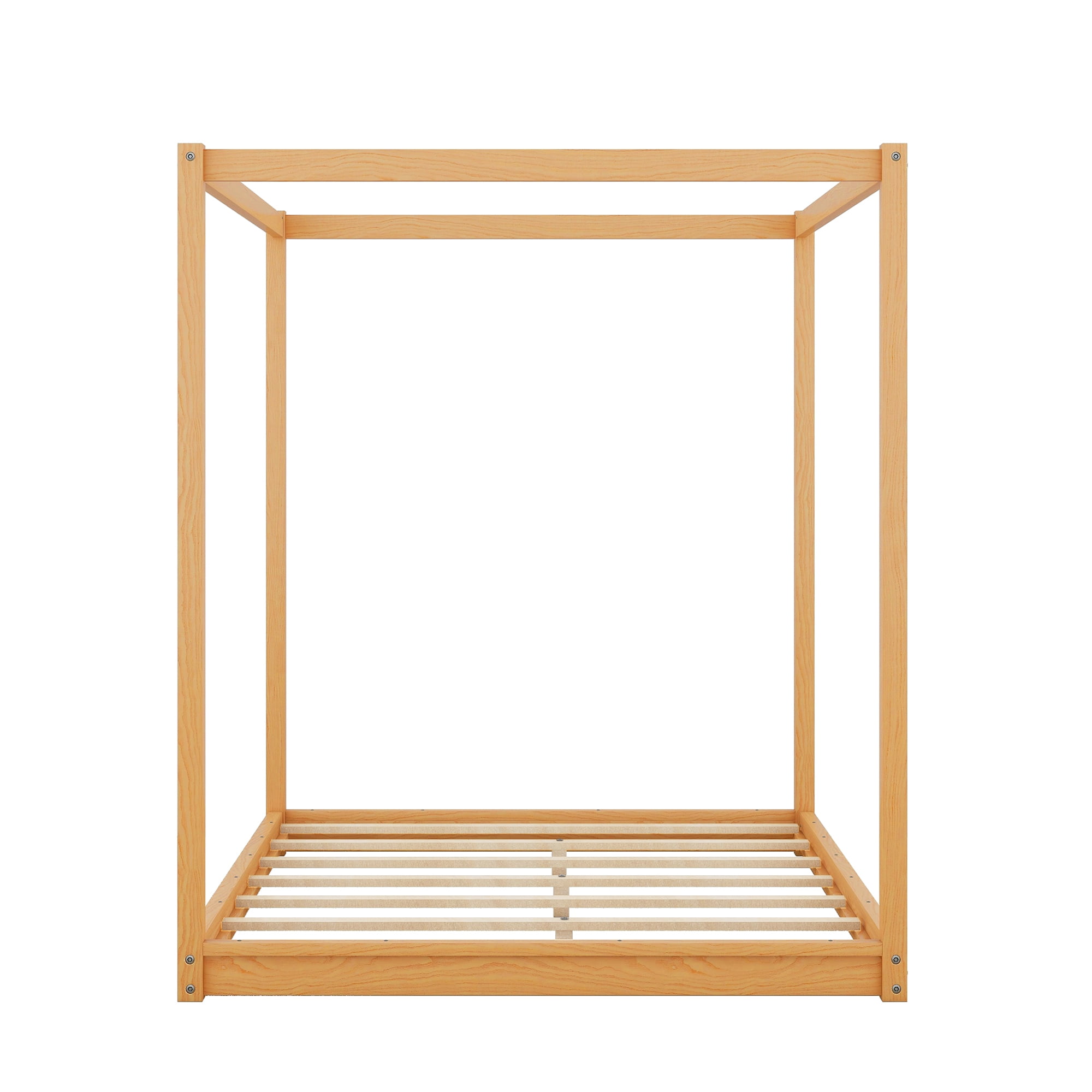 Wood Queen Size Canopy Platform Bed with Support Frame for Bedroom, Natural