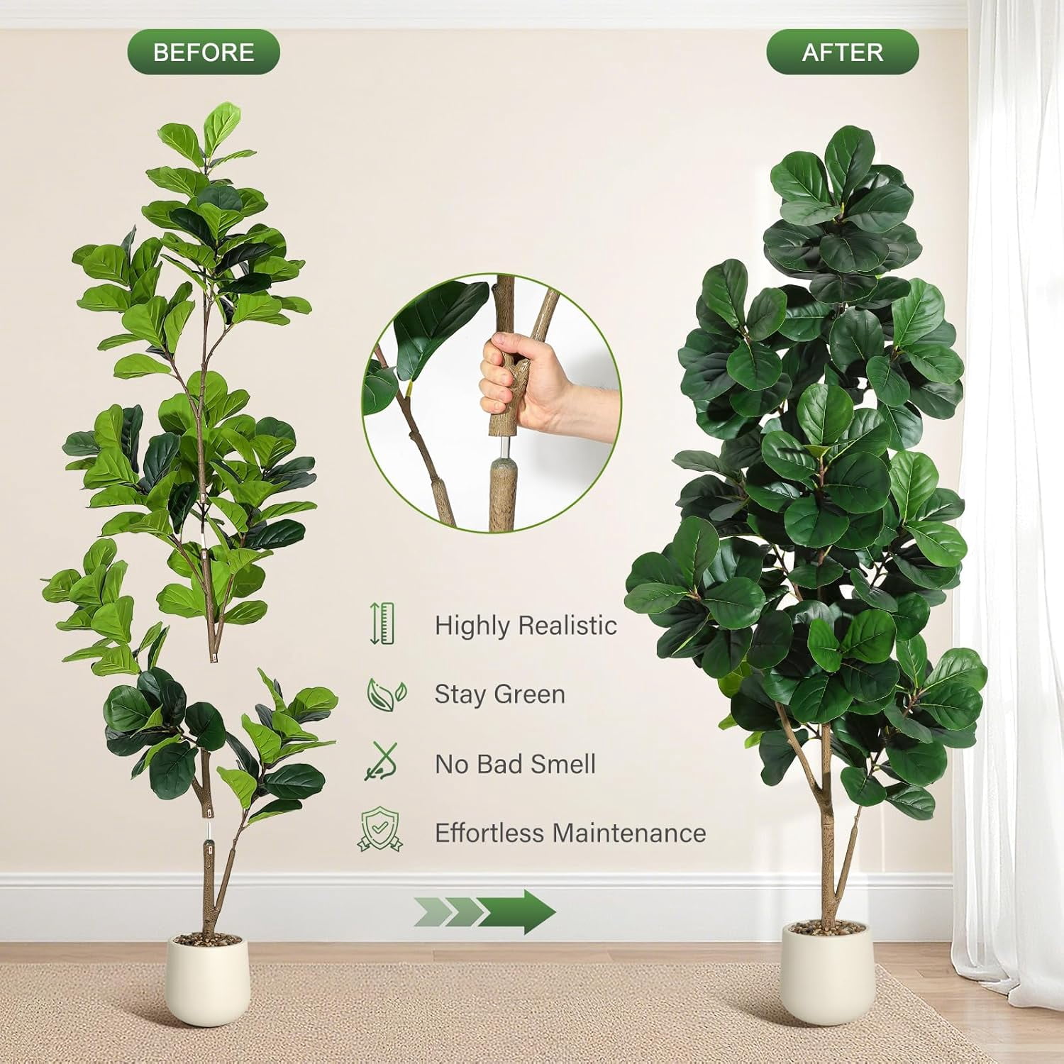 7 ft Fiddle Leaf Fig Tree Artificial with 141 Leaves - Realistic Faux Ficus Lyrata Trees in 9 in White Planter Pot, Indoor Fake Floor Plants for Home Office Living Room Decor, Housewarming Gift