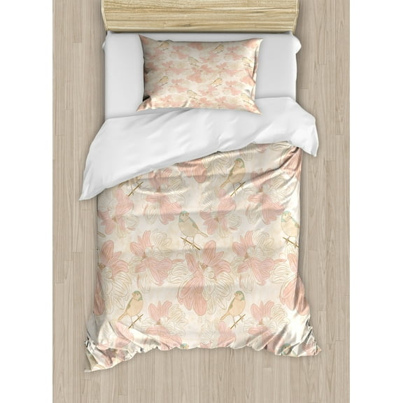 Botanical Duvet Cover Set, Birds on Branches and Blooming Vintage Flowers, Decorative 2 Piece Bedding Set with 1 Pillow Shams, Twin Size, Blush Peach, by Ambesonne