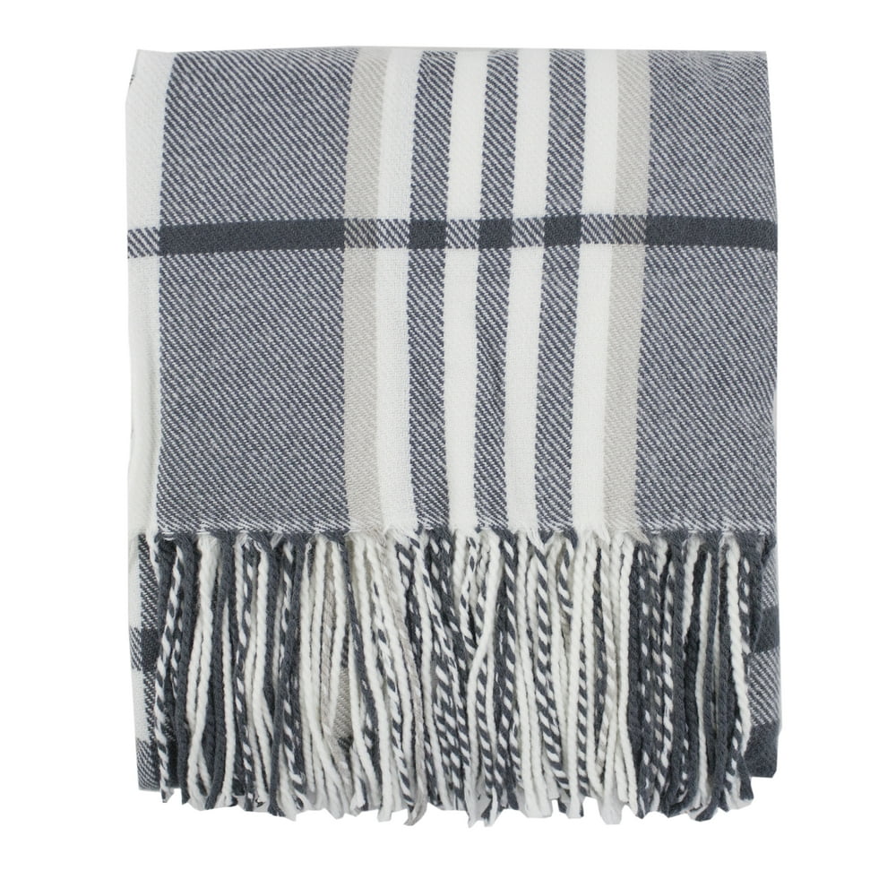 Cozy Plaid Design Throw Blanket with Tassels 50" W x 60" L (Grey