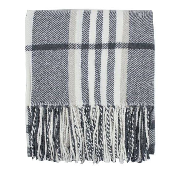 Cozy Plaid Design Throw Blanket with Tassels - 50" W x 60" L (Grey)