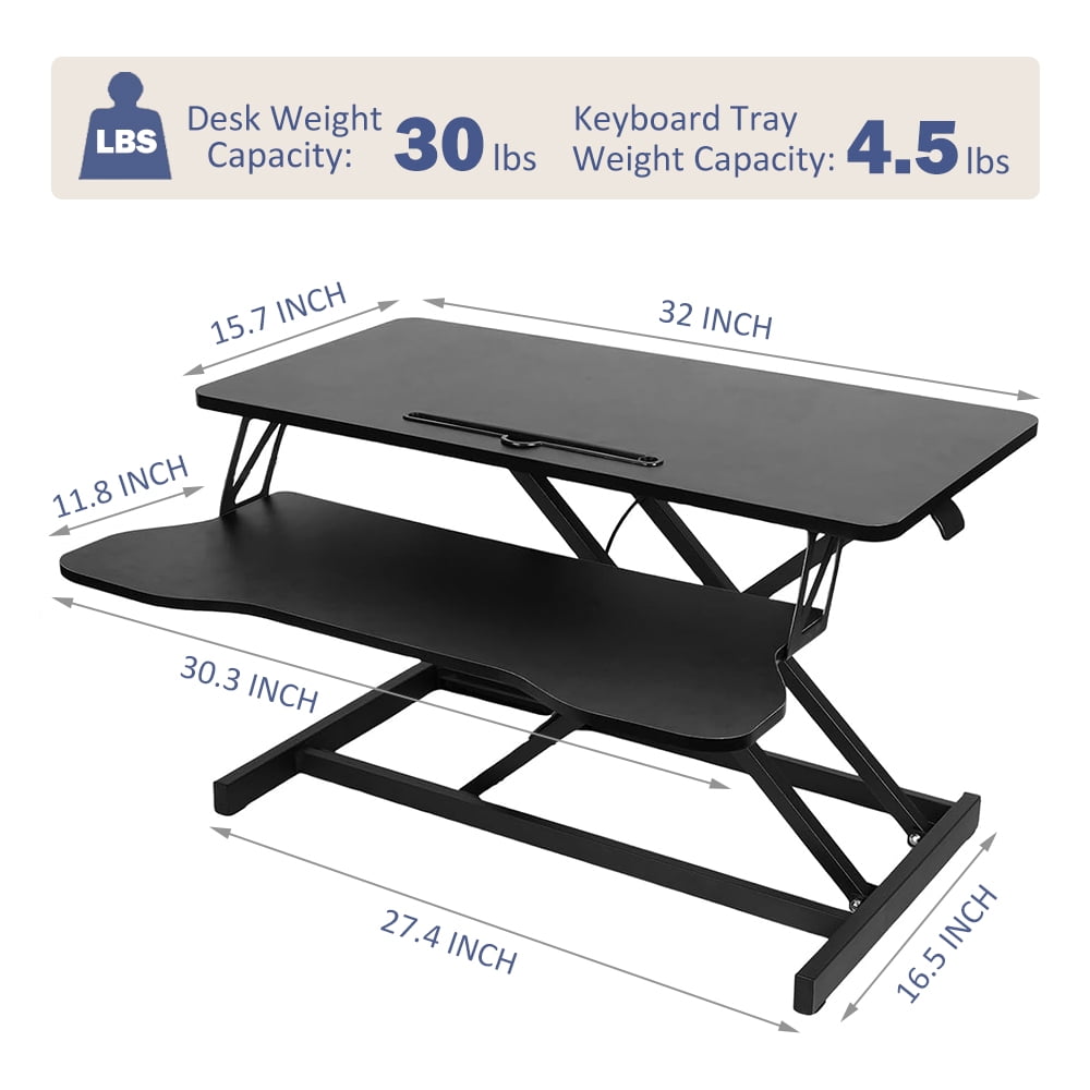 32 Inch Desk Converter, Height Adjustable Sit to Stand Riser, Dual Monitor and Laptop Workstation with Wide Keyboard Tray (BLACK) BACK-TO-SCHOOL