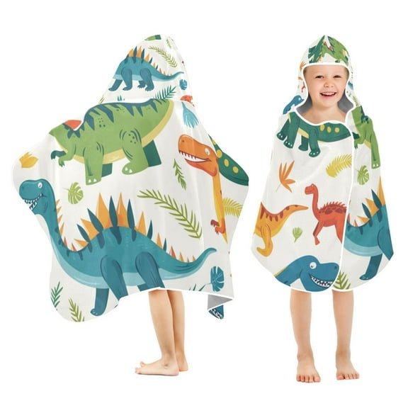 Cartoon Dinosaurs and Leaf Toddler Hooded Beach Towel 24" x 50" Kids Bath Towels Soft Quick Dry for Swim Pool Boys Girls