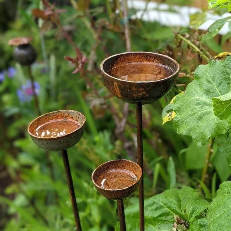 Rain Collectors, Rusty Bird Feeder Set Of 3 For Outdoor Garden Decoration, Insect Watering Station