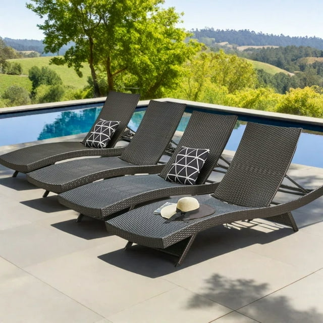 Ensemble de 4 Chaises Longues en Rotin PE à Dossier Pliable, Fauteuils Inclinables Pliants pour Piscine Extérieure, Chaises de Patio Ajustables, Chaises Longues en Osier pour l'Extérieur, Plage, au Bord de la Piscine, Bain de Soleil