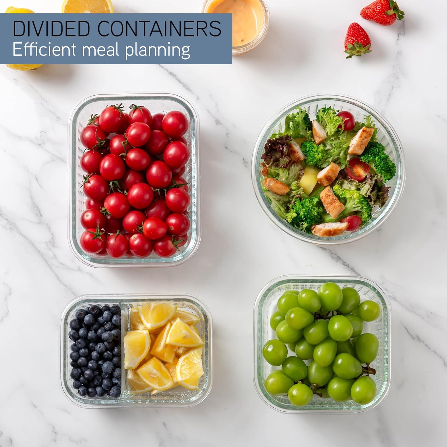 COOK WITH COLOR Set 32 Contenitori In Vetro Borosilicato Con Divisori – Rettangolari, Rotondi E Quadrati Con Coperchi Ermetici Per Pasti - 4