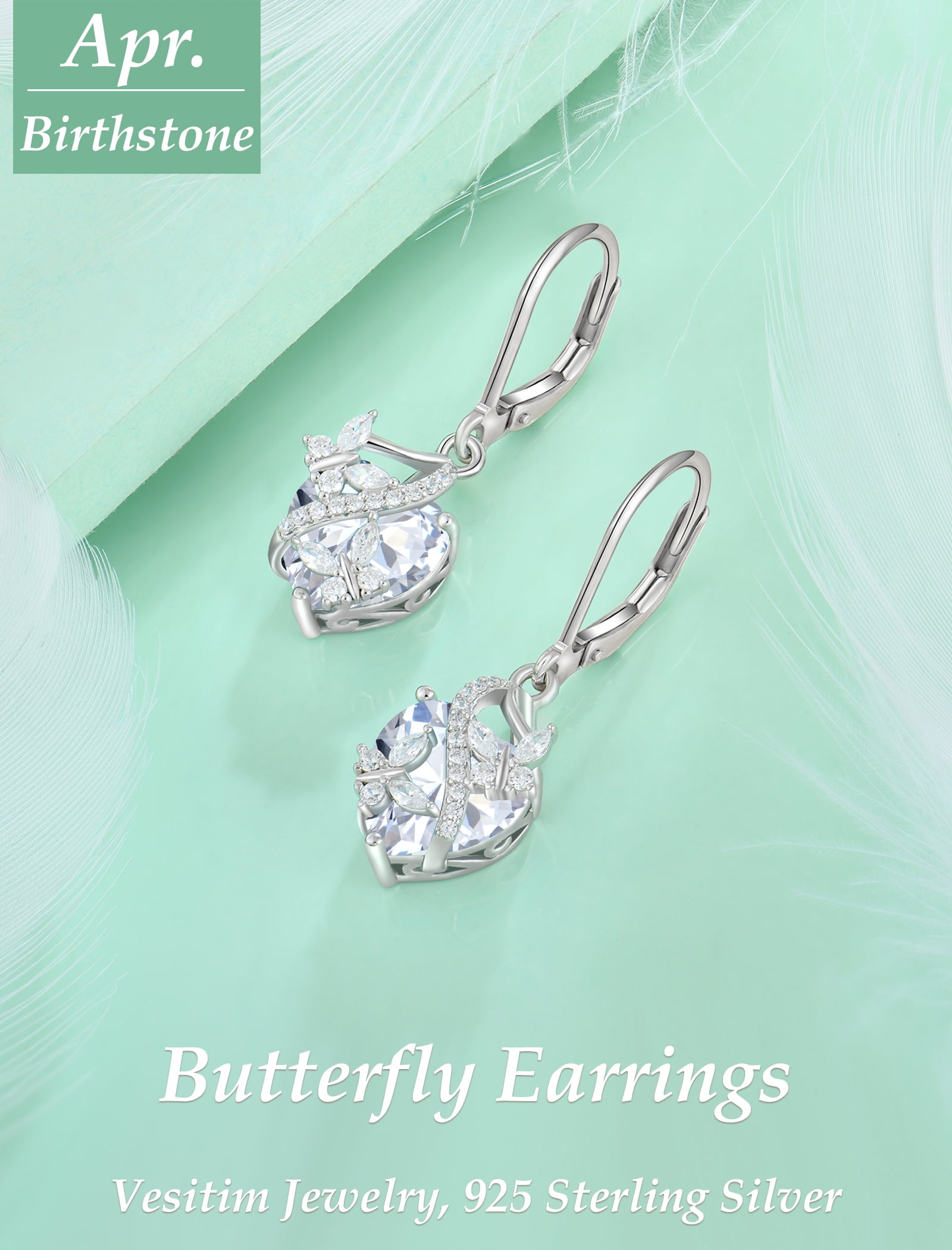 VESITIM 925 Sterling Silver Butterfly Dangle Earrings for Women April Birthstone Cubic Zirconia Butterfly Earrings Jewelry Gift
