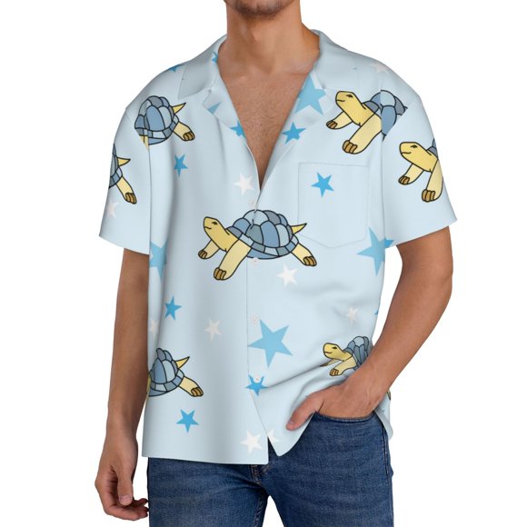 Lsque Cartoon Turtle print Men's Cuban Collar Short Sleeve Shirt Summer Beachwear Casual Button Down Fashionable Vacation Leisure Shirt-4X-Large