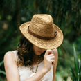thumbnail image 2 of oqasdz Women Woven Straw Fedora Hat Hollow Breathable Wide Brim Sun Hat Leather Band with Buckle Decor Summer Beach Vacation Outdoor Headwear, 2 of 7