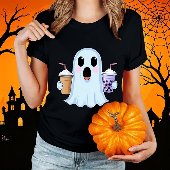 HOMBOM Graphic T Shirts for Women Black Classic Soft Fall Short Sleeve Halloween Ladies Crewneck Tees Vintage Shirts,S