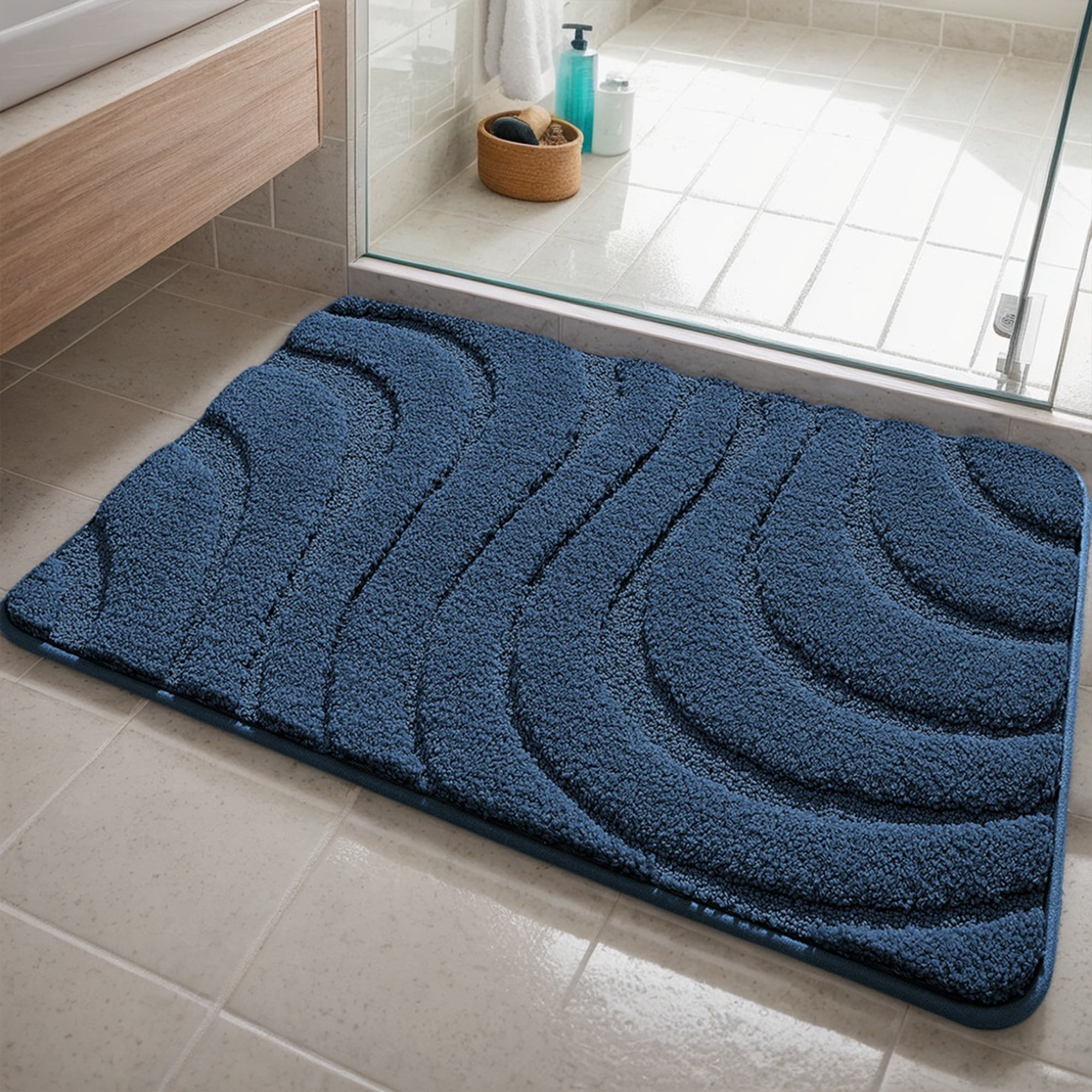 Unique Bargains 2 Pcs Geometry Absorbent Bathroom Rug White/Dark Blue 20" x 32"