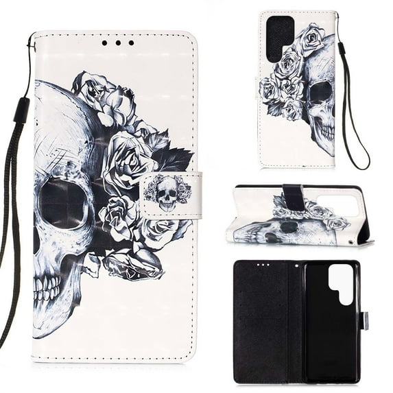 SaniMore for Samsung Galaxy S22 Ultra 6.8" Magnetic Flip Wallet Case, PU Leather Case with Card Slot & Kickstand Wrist Strap Shockproof Protective Case for Men Ladies, Skull