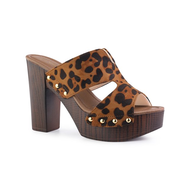 BLISSFUL STEP Women's Faux Suede Platform High Block Heel Slides Sandals Brown Leopard 5.5
