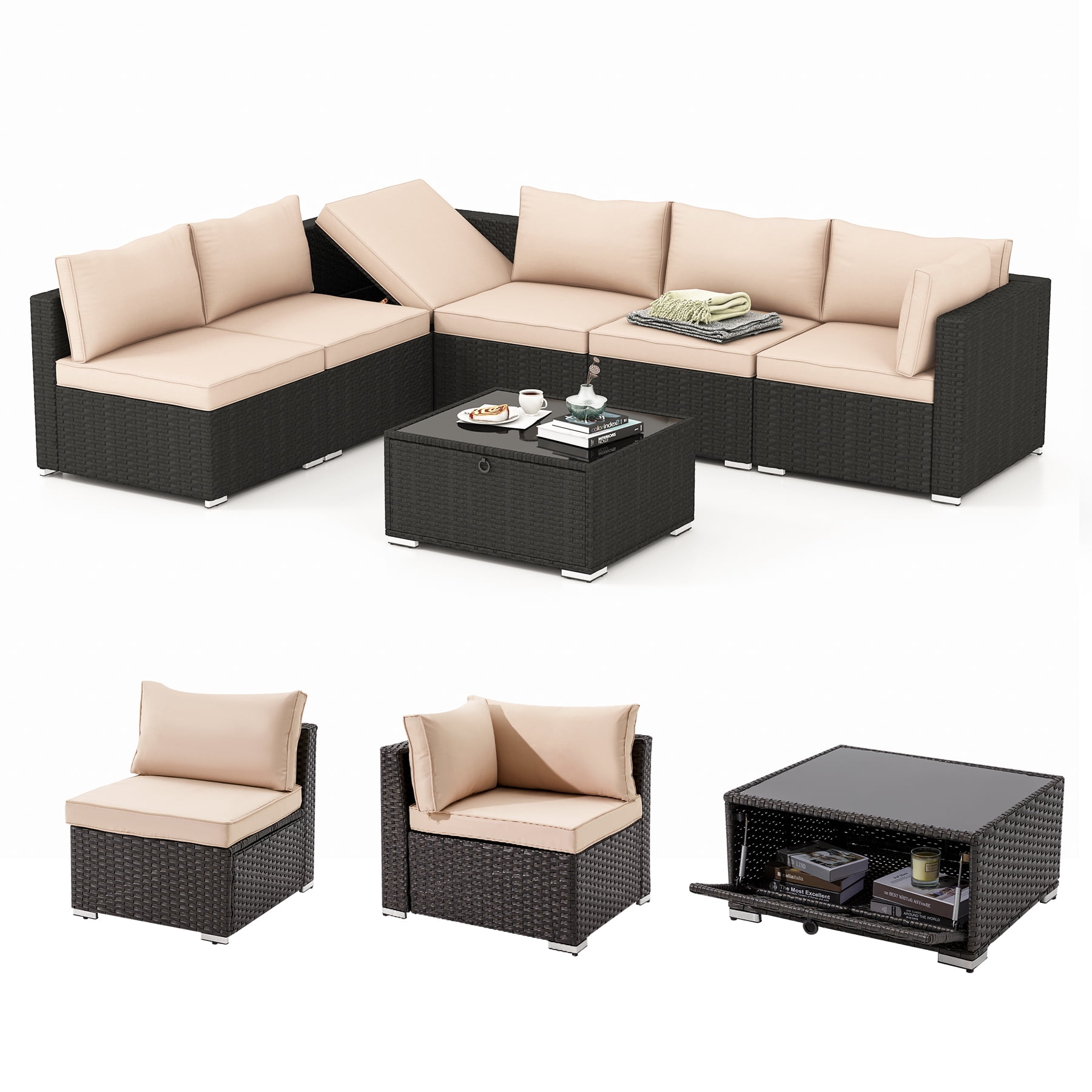 GYUTEI 7 Piece Patio Furniture Set with Adjustable Bracket All-Weather Wicker Conversation Set with Coffee Table for Porch Garden Backyard (Khaki)