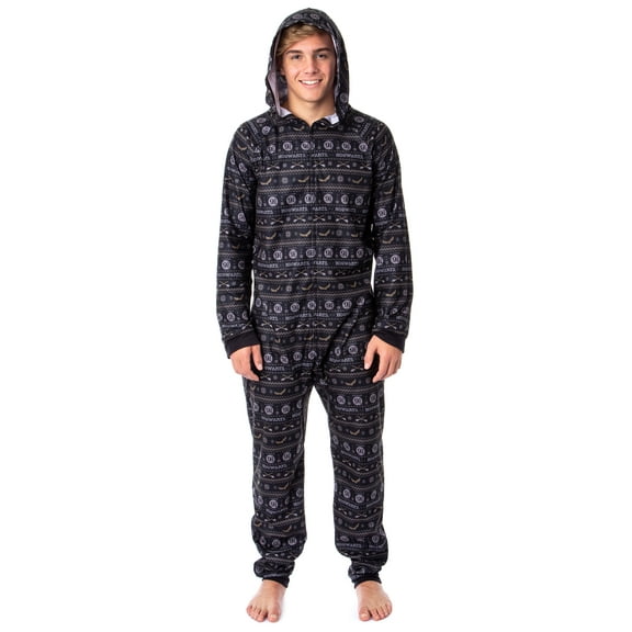 Harry Potter Mens' Hogwarts Christmas Sweater Hooded Union Suit Pajama