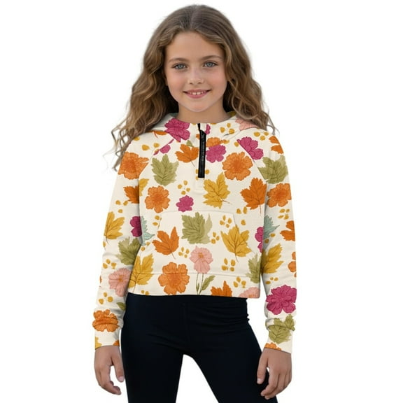 Xoenoiee Maple Leaves Print Girls' Sweatshirts Half Zip Up Hoodie Thanksgiving Pullover Crop Tops for Girls Long Sleeve Sweater Thumb Hole Cropped Sweatshirt, Size 11-12 Years