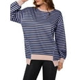 thumbnail image 2 of Siliteelon Womens Striped Oversized Sweatshirt Crew neck Long Sleeve Side Slits Pullover Tops Casual Fall Fashion Outfits Clothes Black-Blue, 2 of 7