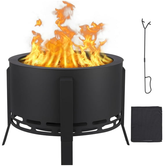 26" Smokeless Fire Pit with Removable Ash Pan,Wood Burning Firepit Table with Lid&Fire Poker,Smokeless Outdoor Fireplace with Dust Bag, Outdoor Fire Pits Portable Bonfire Firepit for BBQ,Table