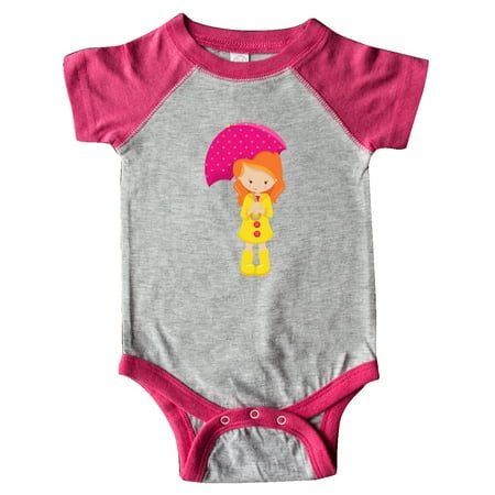 

Inktastic Girl With Orange Hair Yellow Raincoat Umbrella Gift Baby Girl Bodysuit