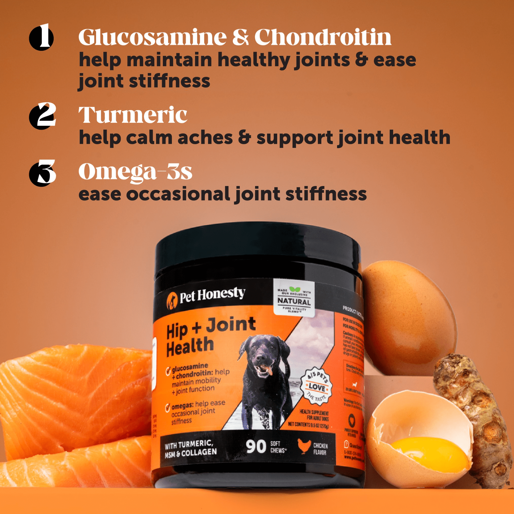 Pet Honesty Dog, Hip & Joint Health Support Supplement w Glucosamine Turmeric and Fish Oil, Chicken Flavor, 60 Count Soft Chews