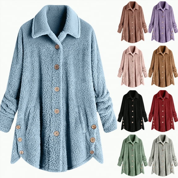 Towmus Women Coats Plus Size Button Plush Tops Hooded Fall Cardigan Plus Size Cardigan Wool Outwear Winter Jacket