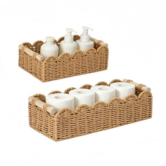2 Pack Woven Toilet Paper Basket – Handmade Paper Rope with Wooden Handles, Large & Small, Neutral Decorative Storage Box for Bathroom, Living Room, Home