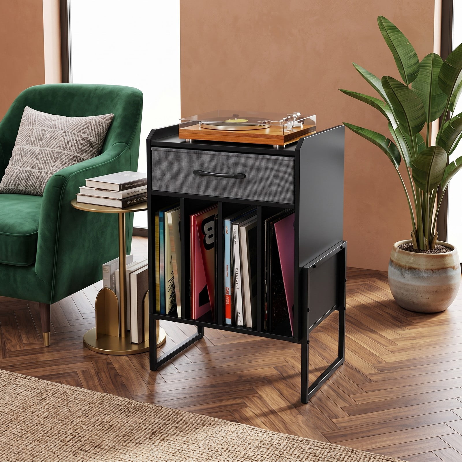 Furnibear Record Player Stand with Storage Drawer and Vinyl Record Holder, Turntable Table with Metal Frame and Wide Top for Living Room Music Room Study, Black