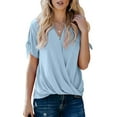 thumbnail image 2 of Women's Tops Summer Trendy V Neck Twist Front Short Sleeve Shirts Casual Loose Comfort Breathable Blouses (S, Sky Blue), 2 of 7