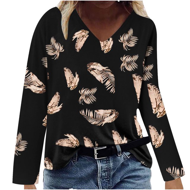 Blusa de camiseta estampada de manga larga cómoda con cuello en V informal a la moda para mujer Pompotops FGAJ7367