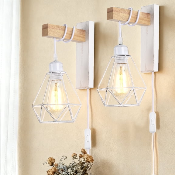 Farmhouse Plug In Wall Sconces Set of 2, Wood White Metal Cage Wall Lights with On/Off Switch for Bedroom Living Room