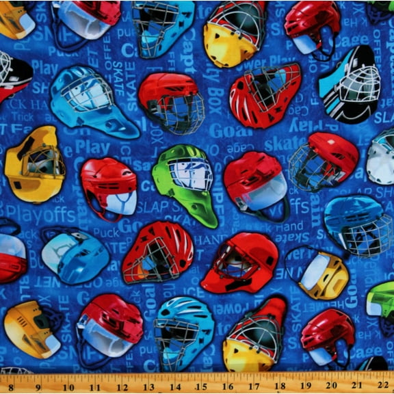Cotton Hockey Helmets Hat Trick Sports Royal Blue Cotton Fabric Print by the Yard (12776-56)