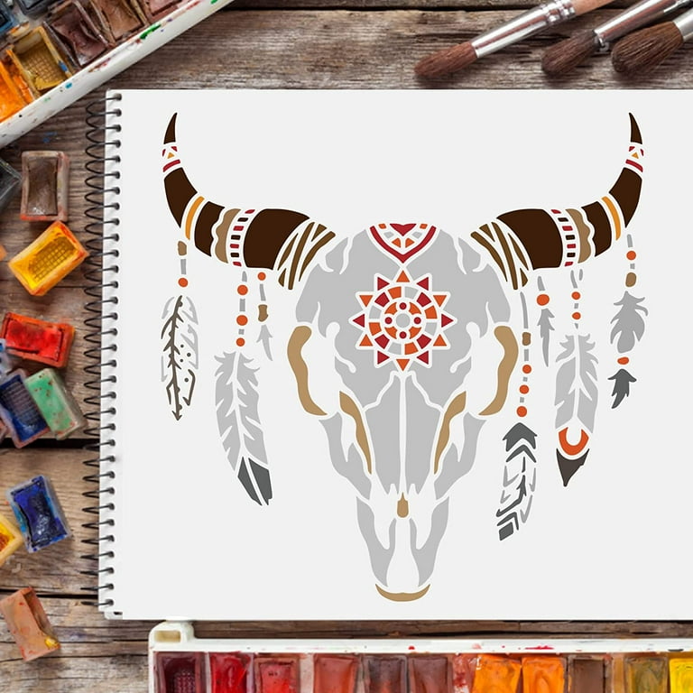 Cow Skull Stencils Template Plastic Feathered Bull Head Drawing Painting Stencils Animal Skull Pattern Stencils for Painting on Wood Floor Wall and Tile - Walmart.com cow-skull-stencils-template-plastic-feathered-bull-head-drawing-painting-stencils-animal-skull-pattern-stencils-for-painting-on-wood-floor-wall-and-tile-walmart-com