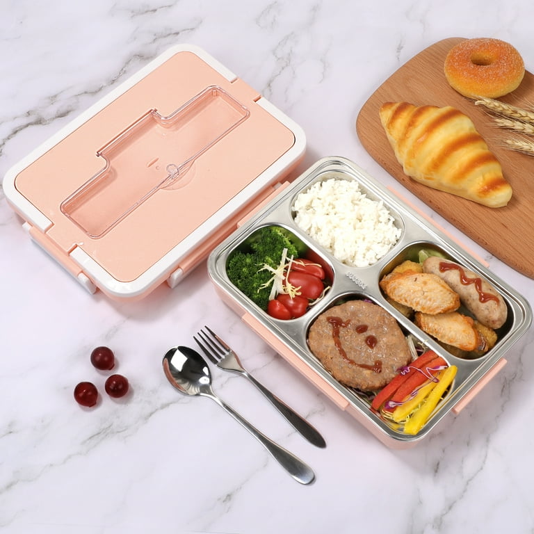 Uxcell Bento Box Stainless Steel Removable Tray with Utensils Lunch Box  Pink 