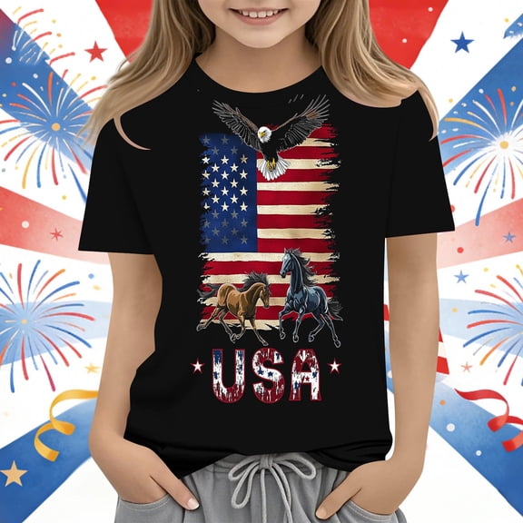 Avrnliq Patriotic American Flag T-Shirt for Kids, Eagle Horse Graphic Short Sleeve Tee, Boys Girls 4th of July Independence Day Summer Casual Shirt,Size 9-10T