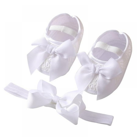 

Toddler Satin Cloth Bowknot Princess Shoes Soft Sole Walking Shoes Headband Set(White-S)