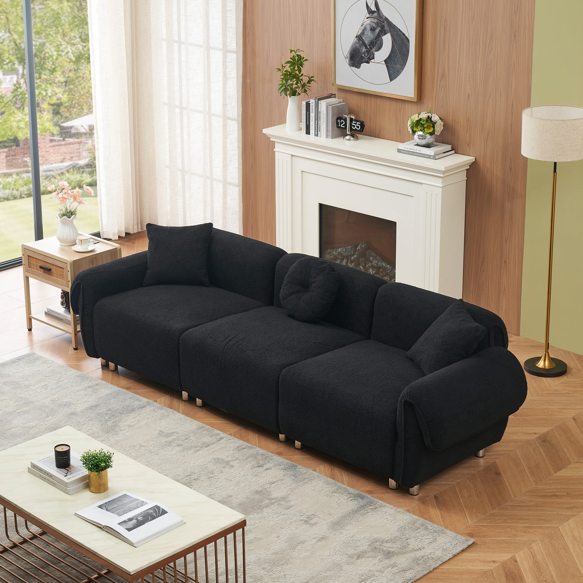 Sectional Sofa,3 Seat Sofa Couch Set with 3 Throw Pillows,112 inch Sofa Couch with Teddy Velvet Fabric for Living Room,Apartment,Black