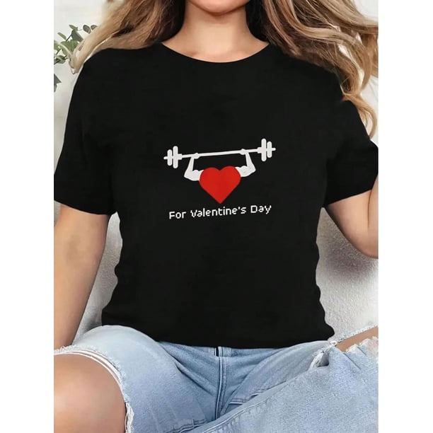 Camisetas con gráficos de amor y ejercicio para San Valentín, de algodón suave, cuello redondo, manga corta, diseño novedoso y divertido, camisetas deportivas de ocio.