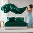 thumbnail image 3 of Emerald Satin Luxury Sheet Set Queen, 6-Piece 100% Polyester Bedding Set with 4 Pillowcases, Wrinkle-Free Silky Smooth Sheets, Oeko-Tex Certified, 3 of 16